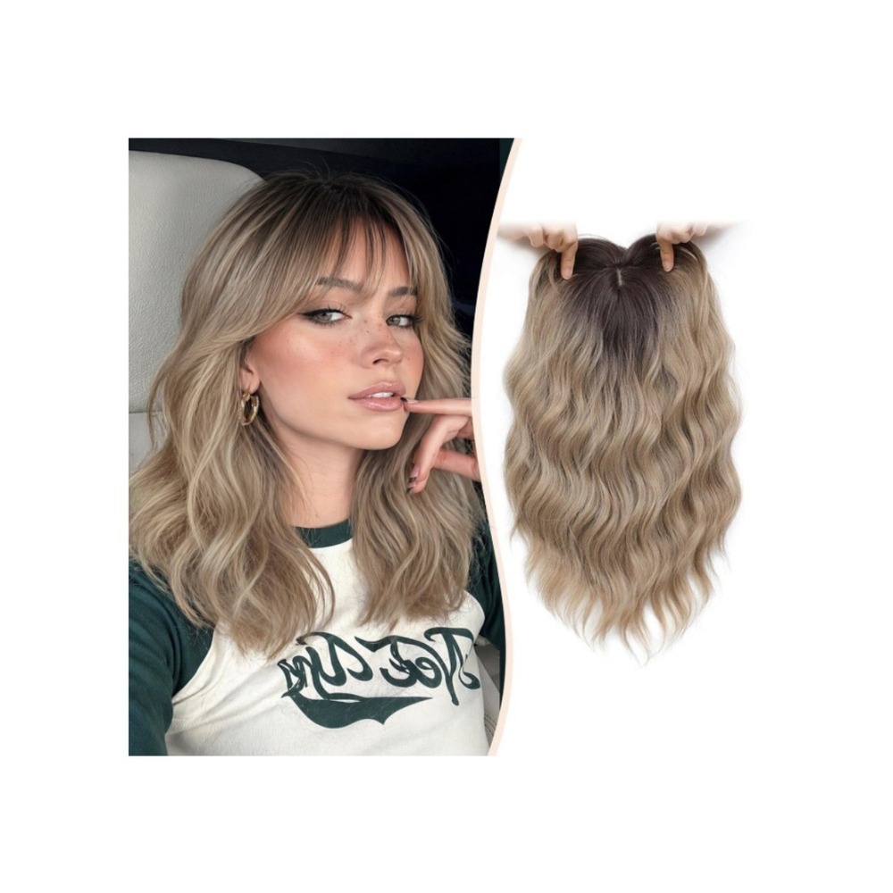 14" Synthetic Wavy Wispy Bangs Blonde Dark Root Hair Topper 6.5x6.5 Base Natural